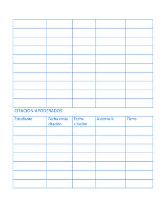 CITACIÓN APODERADOS
Estudiante Fecha envío
citación
Fecha
citación
Asistencia Firma
 