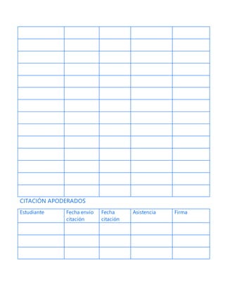 CITACIÓN APODERADOS
Estudiante Fecha envío
citación
Fecha
citación
Asistencia Firma
 