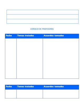 CONSEJO DE PROFESORES
Fecha Temas tratados Acuerdos tomados
Fecha Temas tratados Acuerdos tomados
 