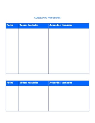 CONSEJO DE PROFESORES
Fecha Temas tratados Acuerdos tomados
Fecha Temas tratados Acuerdos tomados
 
