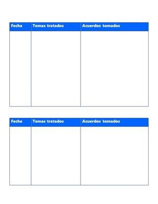 Fecha Temas tratados Acuerdos tomados
Fecha Temas tratados Acuerdos tomados
 