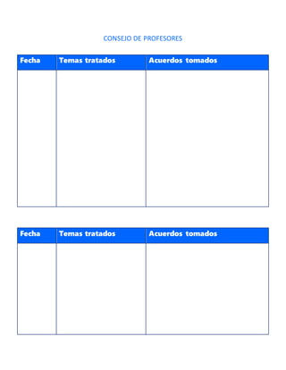 CONSEJO DE PROFESORES
Fecha Temas tratados Acuerdos tomados
Fecha Temas tratados Acuerdos tomados
 