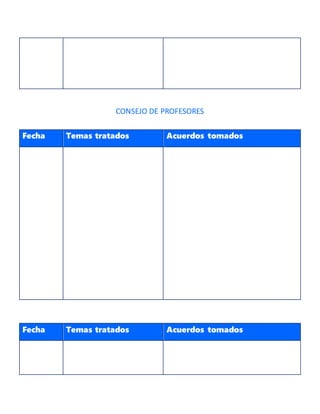 CONSEJO DE PROFESORES
Fecha Temas tratados Acuerdos tomados
Fecha Temas tratados Acuerdos tomados
 