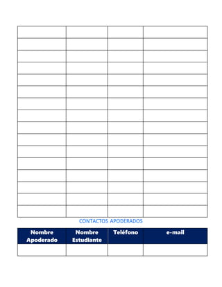 CONTACTOS APODERADOS
Nombre
Apoderado
Nombre
Estudiante
Teléfono e-mail
 