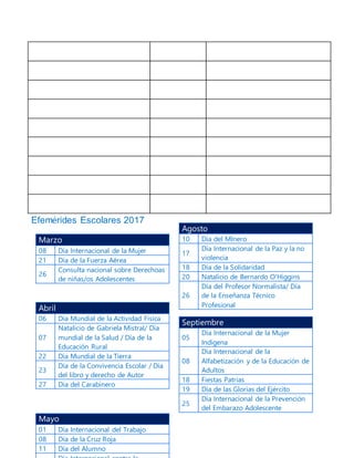Efemérides Escolares 2017
Marzo
08 Día Internacional de la Mujer
21 Día de la Fuerza Aérea
26
Consulta nacional sobre Derechoas
de niñas/os Adolescentes
Abril
06 Día Mundial de la Actividad Física
07
Natalicio de Gabriela Mistral/ Día
mundial de la Salud / Día de la
Educación Rural
22 Día Mundial de la Tierra
23
Día de la Convivencia Escolar / Día
del libro y derecho de Autor
27 Día del Carabinero
Mayo
01 Día Internacional del Trabajo
08 Día de la Cruz Roja
11 Día del Alumno
Agosto
10 Día del MInero
17
Día Internacional de la Paz y la no
violencia
18 Día de la Solidaridad
20 Natalicio de Bernardo O'Higgins
26
Día del Profesor Normalista/ Día
de la Enseñanza Técnico
Profesional
Septiembre
05
Día Internacional de la Mujer
Indígena
08
Día Internacional de la
Alfabetización y de la Educación de
Adultos
18 Fiestas Patrias
19 Día de las Glorias del Ejército
25
Día Internacional de la Prevención
del Embarazo Adolescente
 