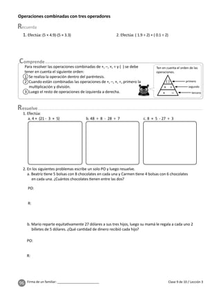 96 Firma de un familiar: ________________________
Para resolver las operaciones combinadas de +, –, ×, ÷ y ( ) se debe
tener en cuenta el siguiente orden:
1 Se realiza la operación dentro del paréntesis.
2 Cuando están combinadas las operaciones de +, –, ×, ÷, primero la
mul plicación y división.
3 Luego el resto de operaciones de izquierda a derecha.
Ten en cuenta el orden de las
operaciones.
( )
+
×
–
÷
primero
segundo
tercero
esuelve
Clase 9 de 10 / Lección 3
Operaciones combinadas con tres operadores
2. En los siguientes problemas escribe un solo PO y luego resuelve.
a. Beatriz ene 5 bolsas con 8 chocolates en cada una y Carmen ene 4 bolsas con 6 chocolates
en cada una. ¿Cuántos chocolates enen entre las dos?
b. Mario reparte equita vamente 27 dólares a sus tres hijos, luego su mamá le regala a cada uno 2
billetes de 5 dólares. ¿Qué can dad de dinero recibió cada hijo?
a. 4 × (21 - 3 × 5) b. 48 ÷ 8 - 28 ÷ 7 c. 8 × 5 - 27 ÷ 3
1. Efectúa: (5 × 4.9)-(5 × 3.3) 2. Efectúa: ( 1.9 ÷ 2) + ( 0.1 ÷ 2)
PO:
R:
PO:
R:
1. Efectúa:
 
