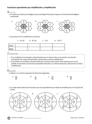 142 Firma de un familiar: ________________________
16
20
12
17
7
10
7
20
2
15
9
8
3
8
8
10
Clase 3 de 7 / Lección 1
Fracciones equivalentes por ampliﬁcación y simpliﬁcación
1. En cada caso colorea los hexágonos que contengan fracciones mayores a la fracción del hexágono
sombreado.
2. Encuentra el mcm y MCD de los números.
1. Reduce a su mínima expresión las fracciones siguientes.
2. En cada ruleta colorea las fracciones que son equivalentes por medio de amplificación a la fracción del
centro.
a. 6 y 10
a.
a.
a.
b.
b.
b.
c.
c.
c.
d.
b. 8 y 10 c. 3 y 2 d. 12 y 9
4
13
1
7
2
5
2
13
4
7
1
5
9
13
2
7
4
5
11
13
20
24
6
12
27
36
4
5
18
24
4
5
2
5
6
13
2
7
4
13
5
8
6
7
3
4
5
13
4
7
3
5
3
3
3
4 2
1 1
1
2
2
2
mcm
MCD
• Si se mul plica el numerador y denominador por un mismo valor, se encuentra una fracción
equivalente con mayor denominador, este proceso se llama ampliﬁcación.
• Si se divide el numerador y denominador por un mismo valor tantas veces hasta que ya no sea
posible se encuentra una fracción equivalente reducida a su mínima expresión, este proceso se llama
simpliﬁcación.
3
8
5
2
4
5
3
7
2
4
4
3
3
6
1
6
12
15
4
9
3
8
2
3
1
2
3
4
6
8
7
4
9
12
1
6
esuelve
 