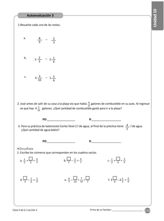159
Unidad
10
Firma de un familiar: ________________________
1.Resuelve cada una de las restas.
a.
c.
b.
2. José antes de salir de su casa a la playa vio que había 9
4
galones de combustible en su auto. Al regresar
ve que hay 4 1
12
galones. ¿Qué cantidad de combustible gastó para ir a la playa?
1. Escribe los números que correspondan en los cuadros vacíos.
3. Para su práctica de baloncesto Carlos llevó 2 de agua, al final de la práctica tiene de agua.
¿Qué cantidad de agua bebío?
8
9
2
3
3
10
2
3
1
4
5
6
–
–
–
2
5
1
4
4
5
a. 1
5
+
5
=
4
5
b.
7
– 2
7
=
4
7
c. 1
2
+
4
=
3
4
d.
3
– 1
6
=
1
6
e. 6
7
–
14
=
7
14
=
7
f. 3
6
– 2 1
3
=
5
6
Clase 6 de 6 / Lección 3
Autoevaluación 3
PO:__________________ R:___________________
PO:__________________ R:___________________
 