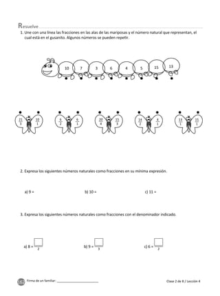 162 Firma de un familiar: ________________________
1. Une con una línea las fracciones en las alas de las mariposas y el número natural que representan, el
cual está en el gusanito. Algunos números se pueden repe r.
2. Expresa los siguientes números naturales como fracciones en su mínima expresión.
3. Expresa los siguientes números naturales como fracciones con el denominador indicado.
esuelve
a) 9 = b) 10 = c) 11 =
a) 8 = 2
b) 9 = 3
c) 6 = 2
10 7 3 15
6 13
4 5
21
3
10
1
6
2
6
1
15
3
20
4
14
2
4
1
15
1
13
1
Clase 2 de 8 / Lección 4
 