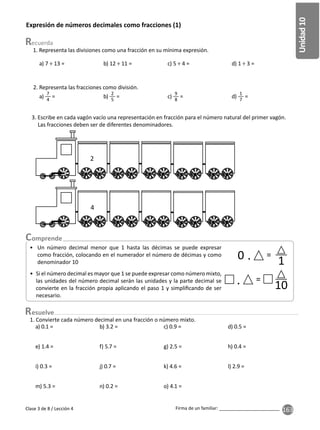 163
Unidad
10
Firma de un familiar: ________________________
Expresión de números decimales como fracciones (1)
esuelve
Clase 3 de 8 / Lección 4
1. Representa las divisiones como una fracción en su mínima expresión.
2. Representa las fracciones como división.
3. Escribe en cada vagón vacío una representación en fracción para el número natural del primer vagón.
Las fracciones deben ser de diferentes denominadores.
1. Convierte cada número decimal en una fracción o número mixto.
a) 7 ÷ 13 = b) 12 ÷ 11 = c) 5 ÷ 4 = d) 1 ÷ 3 =
a)
7
4
= b)
2
5
= c)
9
8
= d)
1
7
=
2
4
• Un número decimal menor que 1 hasta las décimas se puede expresar
como fracción, colocando en el numerador el número de décimas y como
denominador 10
• Si el número decimal es mayor que 1 se puede expresar como número mixto,
las unidades del número decimal serán las unidades y la parte decimal se
convierte en la fracción propia aplicando el paso 1 y simpliﬁcando de ser
necesario.
=
. 10
=
. 1
a) 0.1 = b) 3.2 = c) 0.9 = d) 0.5 =
e) 1.4 = f) 5.7 = g) 2.5 = h) 0.4 =
i) 0.3 = j) 0.7 = k) 4.6 = l) 2.9 =
m) 5.3 = n) 0.2 = o) 4.1 =
0
 