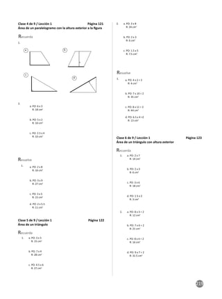 219
Clase 4 de 9 / Lección 1 Página 121
Área de un paralelogramo con la altura exterior a la ﬁgura
Recuerda
a
d
c
b
2.
1.
a. PO: 6 x 3
R: 18 cm2
b. PO: 5 x 2
R: 10 cm2
c. PO: 2.5 x 4
R: 10 cm2
Resuelve
1. a. PO: 2 x 8
R: 16 cm2
b. PO: 3 x 9
R: 27 cm2
c. PO: 3 x 5
R: 15 cm2
d. PO: 2 x 5.5
R: 11 cm2
Clase 5 de 9 / Lección 1 Página 122
Área de un triángulo
Recuerda
a. PO: 3 x 5
R: 15 cm2
b. PO: 7 x 4
R: 28 cm2
c. PO: 4.5 x 6
R: 27 cm2
1.
a. PO: 3 x 8
R: 24 cm2
b. PO: 2 x 3
R: 6 cm2
c. PO: 1.5 x 5
R: 7.5 cm2
2.
Resuelve
1. a. PO: 4 x 2 ÷ 2
R: 4 cm2
b. PO: 7 x 10 ÷ 2
R: 35 cm2
c. PO: 8 x 11 ÷ 2
R: 44 cm2
d. PO: 6.5 x 4 ÷2
R: 13 cm2
Clase 6 de 9 / Lección 1 Página 123
Área de un triángulo con altura exterior
Recuerda
a. PO: 2 x 7
R: 14 cm2
b. PO: 2 x 3
R: 6 cm2
c. PO: 3 x 6
R: 18 cm2
d. PO: 1.5 x 2
R: 3 cm2
1.
a. PO: 8 x 3 ÷ 2
R: 12 cm2
b. PO: 7 x 6 ÷ 2
R: 21 cm2
c. PO: 8 x 4 ÷ 2
R: 16 cm2
d. PO: 9 x 7 ÷ 2
R: 31.5 cm2
2.
 