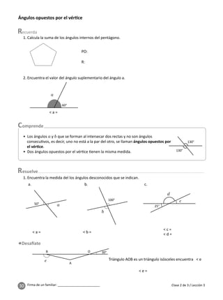 30 Firma de un familiar: ________________________
Ángulos opuestos por el vér ce
1. Calcula la suma de los ángulos internos del pentágono.
2. Encuentra el valor del ángulo suplementario del ángulo a.
PO:
R:
a
60°
< a =
• Los ángulos a y b que se forman al intersecar dos rectas y no son ángulos
consecu vos, es decir, uno no está a la par del otro, se llaman ángulos opuestos por
el vér ce.
• Dos ángulos opuestos por el vér ce enen la misma medida.
130°
130°
1. Encuentra la medida del los ángulos desconocidos que se indican.
a. b. c.
esuelve
50°
100°
25°
30°
B
A
O
a
b
d
c
e Triángulo AOB es un triángulo isósceles encuentra
< a = < b =
< c =
< d =
< e
< e =
Clase 2 de 3 / Lección 3
 