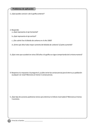 70 Firma de un familiar: ________________________
1. ¿Qué puedes concluir a de la gráﬁca anterior?
3. ¿Qué crees que sucederá en otros 250 años si la gráﬁca se sigue comportando de la misma manera?
4. Respecto a tu respuesta a la pregunta 3, ¿cuáles serían las consecuencias para la erra y su población
(cualquier ser vivo)? Menciona al menos 5 consecuencias.
5. ¿Qué po de acciones podríamos tomar para disminuir el efecto invernadero? Menciona al menos
5 acciones.
2. Responde:
a. ¿Qué representa el eje horizontal?
b. ¿Qué representa el eje ver cal?
c. ¿De cuánto fue el dióxido de carbono en el año 1900?
d. ¿Entre qué años hubo mayor aumento del dióxido de carbono? ¿Cuánto aumentó?
Problemas de aplicación
 
