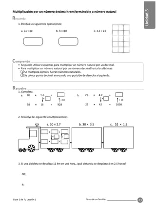 73
Unidad
5
Firma de un familiar: ________________________
esuelve
Clase 2 de 7 / Lección 1
Mul plicación por un número decimal transformándolo a número natural
• Se puede u lizar esquemas para mul plicar un número natural por un decimal.
• Para mul plicar un número natural por un número decimal hasta las décimas:
1 Se mul plica como si fueran números naturales.
2 Se coloca punto decimal avanzando una posición de derecha a izquierda.
1. Efectúa las siguientes operaciones:
a. 0.7 ×10 b. 9.3÷10 c. 3.2 × 23
3. Si una bicicleta se desplaza 12 km en una hora, ¿qué distancia se desplazará en 2.5 horas?
PO:
R:
1. Completa.
58 × 1.6 =
58 × 16 = 928
×
÷ 10
a.
2. Resuelve las siguientes mul plicaciones
25 × 4.2 =
25 × 42 = 1050
×
÷ 10
b.
a. 30 × 2.7 b. 38 × 3.5 c. 52 × 1.8
× =
× =
× ÷
 