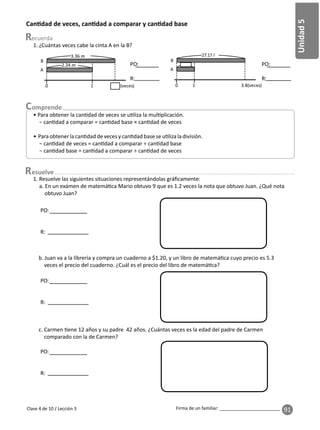 91
Unidad
5
Firma de un familiar: ________________________
esuelve
Clase 4 de 10 / Lección 3
Can dad de veces, can dad a comparar y can dad base
• Para obtener la can dad de veces se u liza la mul plicación.
− can dad a comparar = can dad base × can dad de veces
• Para obtener la can dad de veces y can dad base se u liza la división.
− can dad de veces = can dad a comparar ÷ can dad base
− can dad base = can dad a comparar ÷ can dad de veces
1. Resuelve las siguientes situaciones representándolas gráﬁcamente:
a. En un exámen de matemá ca Mario obtuvo 9 que es 1.2 veces la nota que obtuvo Juan. ¿Qué nota
obtuvo Juan?
b. Juan va a la librería y compra un cuaderno a $1.20, y un libro de matemá ca cuyo precio es 5.3
veces el precio del cuaderno. ¿Cuál es el precio del libro de matemá ca?
c. Carmen ene 12 años y su padre 42 años. ¿Cuántas veces es la edad del padre de Carmen
comparado con la de Carmen?
PO:
R:
PO:
R:
PO:
R:
27.17 l
0 1 3.8(veces)
A
B
3.36 m
2.24 m
0 1 (veces)
A
B
1. ¿Cuántas veces cabe la cinta A en la B?
PO:
R:
PO:
R:
 