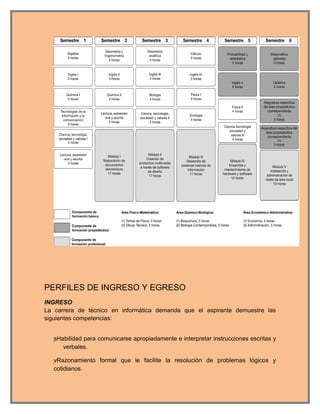 PERFILES DE INGRESO Y EGRESO
INGRESO
La carrera de técnico en informática demanda que el aspirante demuestre las
siguientes competencias:


   sHabilidad para comunicarse apropiadamente e interpretar instrucciones escritas y
       verbales.

   vRazonamiento formal que le facilite la resolución de problemas lógicos y
   cotidianos.
 