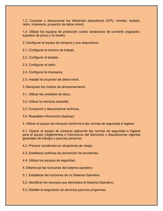 1.3. Conectar y desconectar los diferentes dispositivos (CPU, monitor, teclado,
ratón, impresora, proyector de datos móvil).

1.4. Utilizar los equipos de protección contra variaciones de corriente (regulador,
supresor de picos y no break).

2. Configurar el equipo de cómputo y sus dispositivos.

2.1. Configurar el entorno de trabajo.

2.2. Configurar el teclado.

2.3. Configurar el ratón.

2.4. Configurar la impresora.

2.5. Instalar el proyector de datos móvil.

3. Manipular los medios de almacenamiento.

3.1. Utilizar las unidades de disco.

3.2. Utilizar la memoria extraíble.

3.3. Comprimir y descomprimir archivos.

3.4. Respaldar información (backup).

4. Utilizar el equipo de cómputo conforme a las normas de seguridad e higiene.

4.1. Operar el equipo de cómputo aplicando las normas de seguridad e higiene
para el equipo (reglamentos e instructivos del fabricante o disposiciones vigentes
generales de trabajo) y para las personas.

4.2. Prevenir accidentes en situaciones de riesgo.

4.3. Establecer políticas de prevención de accidentes.

4.4. Utilizar los equipos de seguridad.

5. Diferenciar las funciones del sistema operativo.

5.1. Establecer las funciones de un Sistema Operativo.

5.2. Identificar los recursos que administra el Sistema Operativo.

5.3. Detallar la asignación de servicios para los programas.
 