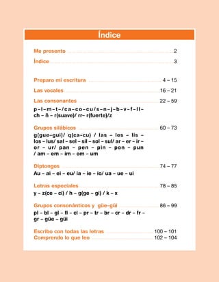 Índice
Me presento.....................................................................2
Índice................................................................................3
Preparo mi escritura ............................................... 4 – 15
Las vocales..............................................................16 – 21
Las consonantes.....................................................22 – 59
p – l – m – t – / c a – c o – c u / s – n – j – b – v – f – l l –
ch – ñ – r(suave)/ rr– r(fuerte)/z
Grupos silábicos .................................................... 60 – 73
g(gue–gui)/ q(ca–cu) / las – les – lis –
los – lus/ sal – sel – sil – sol – sul/ ar – er – ir –
or – ur/ pan – pen – pin – pon – pun
/ am – em – im – om – um
Diptongos ...............................................................74 – 77
Au – ai – ei – eu/ ia – ie – io/ ua – ue – ui
Letras especiales....................................................78 – 85
y – z(ce – ci) / h – g(ge – gi) / k – x
Grupos consonánticos y güe–güi...........................86 – 99
pl – bl – gl – fl – cl – pr – tr – br – cr – dr – fr –
gr – güe – güi
Escribo con todas las letras ...............................100 – 101
Comprendo lo que leo ........................................102 – 104
 
