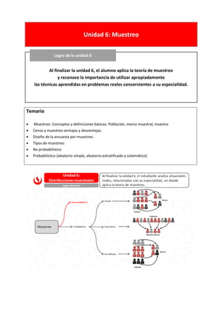 Temario
 Muestreo: Conceptos y definiciones básicas: Población, marco muestral, muestra
 Censo y muestreo ventajas y desventajas.
 Diseño de la encuesta por muestreo.
 Tipos de muestreo:
 No probabilístico
 Probabilístico (aleatorio simple, aleatorio estratificado y sistemático)
Al finalizar la unidad 6, el alumno aplica la teoría de muestreo
y reconoce la importancia de utilizar apropiadamente
las técnicas aprendidas en problemas reales concernientes a su especialidad.
Logro de la unidad 6
Unidad 6: Muestreo
 