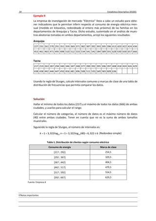 34 Estadística Descriptiva 201601
Notas importantes
Ejemplo 9
La empresa de investigación de mercado “Eléctrico” lleva a cabo un estudio para obte-
ner indicadores que le permitan inferir respecto al consumo de energía eléctrica men-
sual (medido en kilovatios, redondeado al entero más próximo) de las familias en los
departamentos de Arequipa y Tacna. Dicho estudio, sustentado en el análisis de mues-
tras aleatorias tomadas en ambos departamentos, arrojó los siguientes resultados:
Arequipa
227 231 261 270 291 351 359 369 371 382 387 392 393 395 396 413 420 422 424 436
453 461 463 471 495 498 510 512 533 534 541 542 584 589 591 628 630 630 657 666
Tacna
217 219 263 287 294 340 346 347 348 377 390 392 395 396 397 408 418 424 426 429
438 438 442 446 447 450 456 481 496 508 511 533 549 583 609 636
Usando la regla de Sturges, calcule intervalos comunes y marcas de clase de una tabla de
distribución de frecuencias que permita comparar los datos.
Solución
Hallar el mínimo de todos los datos (217) y el máximo de todos los datos (666) de ambas
ciudades, y usarlos para calcular el rango.
Calcular el número de categorías, el número de datos es el máximo número de datos
(40) entre ambas ciudades. Tener en cuenta que no es la suma de ambos tamaños
muestrales.
Siguiendo la regla de Sturges, el número de intervalos es:
10 101 3,322log 1 3,322log (40) 6,322 6k n      (Redondeo simple)
Tabla 1. Distribución de clientes según consumo eléctrico
Consumo de energía Marca de clase
217 ; 292 254,5
292 ; 367 329,5
367 ; 442 404,5
442 ; 517 479,5
517 ; 592 554,5
592 ; 667 629,5
Fuente: Empresa A
 