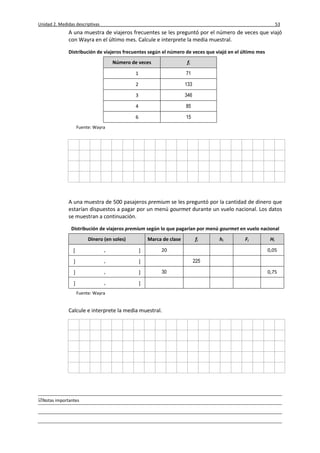Unidad 2. Medidas descriptivas 53
Notas importantes
A una muestra de viajeros frecuentes se les preguntó por el número de veces que viajó
con Wayra en el último mes. Calcule e interprete la media muestral.
Distribución de viajeros frecuentes según el número de veces que viajó en el último mes
Número de veces fi
1 71
2 133
3 346
4 85
6 15
Fuente: Wayra
A una muestra de 500 pasajeros premium se les preguntó por la cantidad de dinero que
estarían dispuestos a pagar por un menú gourmet durante un vuelo nacional. Los datos
se muestran a continuación.
Distribución de viajeros premium según lo que pagarían por menú gourmet en vuelo nacional
Dinero (en soles) Marca de clase fi hi Fi Hi
 ,  20 0,05
 ,  225
 ,  30 0,75
 , 
Fuente: Wayra
Calcule e interprete la media muestral.
 