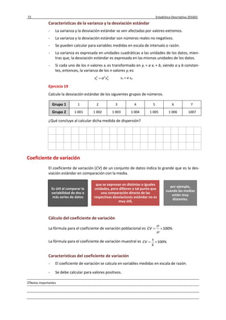 72 Estadística Descriptiva 201601
Notas importantes
Características de la varianza y la desviación estándar
- La varianza y la desviación estándar se ven afectadas por valores extremos.
- La varianza y la desviación estándar son números reales no negativos.
- Se pueden calcular para variables medidas en escala de intervalo o razón.
- La varianza es expresada en unidades cuadráticas a las unidades de los datos, mien-
tras que, la desviación estándar es expresada en las mismas unidades de los datos.
- Si cada uno de los n valores xi es transformado en yi = a xi + b, siendo a y b constan-
tes, entonces, la varianza de los n valores yi es:
2 2 2
Y Xs a s sY = a sX
Ejercicio 19
Calcule la desviación estándar de los siguientes grupos de números.
Grupo 1 1 2 3 4 5 6 7
Grupo 2 1 001 1 002 1 003 1 004 1 005 1 006 1007
¿Qué concluye al calcular dicha medida de dispersión?
Coeficiente de variación
El coeficiente de variación (CV) de un conjunto de datos indica lo grande que es la des-
viación estándar en comparación con la media.
Cálculo del coeficiente de variación
La fórmula para el coeficiente de variación poblacional es 100%CV


 
La fórmula para el coeficiente de variación muestral es 100%
s
CV
x
 
Características del coeficiente de variación
- El coeficiente de variación se calcula en variables medidas en escala de razón.
- Se debe calcular para valores positivos.
Es útil al comparar la
variabilidad de dos o
más series de datos
que se expresan en distintas o iguales
unidades, pero difieren a tal punto que
una comparación directa de las
respectivas desviaciones estándar no es
muy útil,
por ejemplo,
cuando las medias
están muy
distantes.
 