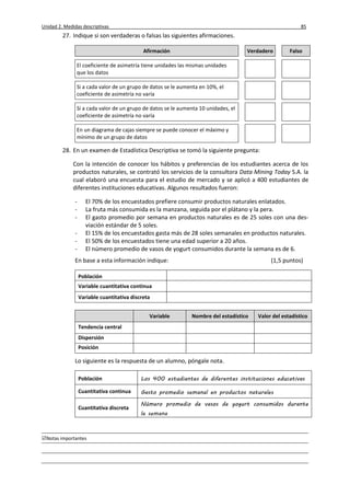Unidad 2. Medidas descriptivas 85
Notas importantes
27. Indique si son verdaderas o falsas las siguientes afirmaciones.
Afirmación Verdadero Falso
El coeficiente de asimetría tiene unidades las mismas unidades
que los datos
Si a cada valor de un grupo de datos se le aumenta en 10%, el
coeficiente de asimetría no varía
Si a cada valor de un grupo de datos se le aumenta 10 unidades, el
coeficiente de asimetría no varía
En un diagrama de cajas siempre se puede conocer el máximo y
mínimo de un grupo de datos
28. En un examen de Estadística Descriptiva se tomó la siguiente pregunta:
Con la intención de conocer los hábitos y preferencias de los estudiantes acerca de los
productos naturales, se contrató los servicios de la consultora Data Mining Today S.A. la
cual elaboró una encuesta para el estudio de mercado y se aplicó a 400 estudiantes de
diferentes instituciones educativas. Algunos resultados fueron:
- El 70% de los encuestados prefiere consumir productos naturales enlatados.
- La fruta más consumida es la manzana, seguida por el plátano y la pera.
- El gasto promedio por semana en productos naturales es de 25 soles con una des-
viación estándar de 5 soles.
- El 15% de los encuestados gasta más de 28 soles semanales en productos naturales.
- El 50% de los encuestados tiene una edad superior a 20 años.
- El número promedio de vasos de yogurt consumidos durante la semana es de 6.
En base a esta información indique: (1,5 puntos)
Población
Variable cuantitativa continua
Variable cuantitativa discreta
Variable Nombre del estadístico Valor del estadístico
Tendencia central
Dispersión
Posición
Lo siguiente es la respuesta de un alumno, póngale nota.
Población Los 400 estudiantes de diferentes instituciones educativas
Cuantitativa continua Gasto promedio semanal en productos naturales
Cuantitativa discreta
Número promedio de vasos de yogurt consumidos durante
la semana
 