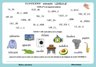C U A D E R N O estimulación LENGUAJE
LENGUAJE
@psico_mporienta @neuropeque
COMPLETA las siguientes palabras:
ASOCIA Y UNE cada plabra con su imagen.
FA_DA
SOM_RA
PLÁT_NO
MAL_TA
CART_RA
CASTI_LO
_ORNO
LI_RETA
CAMAL_ÓN
COLC_ÓN
CON_EJ_
AL_OMBRA
SER_IEN_E
OR_E_ADOR
ES_ROPA_O
FRIG_RÍ_ICO
RO_U_ADOR
CA_AS_A
sudadera
aguacate
submarino
pupitre
televisión cocodrilo
elefante lavadora
saxofón
CEP_L_O
¿Qué es lo primero que te viene a la cabeza cuando ves a los dos animales en las imágenes de arriba?. ESCRÍBELO.
 