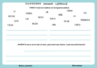 C U A D E R N O estimulación LENGUAJE
LENGUAJE
@psico_mporienta @neuropeque
FORMA 6 frases de 3 palabras con las siguientes palabras:
EL
LA
LAS
LOS
UN
UNA
NIÑO
JUEGA
PERROS
COMEN
VUELA
MARIQUITA
ABEJAS
PICAN
GATO
NEGRO
FALDA LARGA
IMAGÍNATE que te vas de viaje a la nieve. ¿Qué cosas (ropa, objetos...) crees que podrías llevarte?.
 