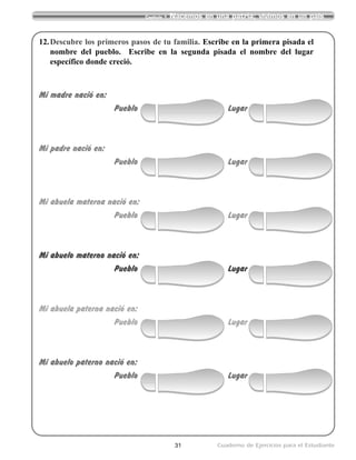 31 Cuaderno de Ejercicios para el Estudiante
Capítulo 1 Nacemos en una patria; vivimos en un país
12.Descubre los primeros pasos de tu familia. Escribe en la primera pisada el
nombre del pueblo. Escribe en la segunda pisada el nombre del lugar
específico donde creció.
Mi madre nació en:
Pueblo Lugar
Mi padre nació en:
Pueblo Lugar
Mi abuela materna nació en:
Pueblo Lugar
Mi abuelo materno nació en:
Pueblo Lugar
Mi abuela paterna nació en:
Pueblo Lugar
Mi abuelo paterno nació en:
Pueblo Lugar
 