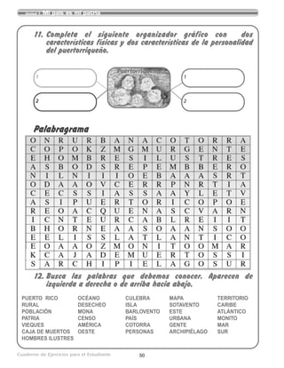 50Cuaderno de Ejercicios para el Estudiante
Unidad 1 Mi país es mi patria
11. Completa el siguiente organizador gráfico con dos
características físicas y dos características de la personalidad
del puertorriqueño.
Palabragrama
12. Busca las palabras que debemos conocer. Aparecen de
izquierda a derecha o de arriba hacia abajo.
Puertorriqueño
1
2
1
2
PUERTO RICO OCÉANO CULEBRA MAPA TERRITORIO
RURAL DESECHEO ISLA SOTAVENTO CARIBE
POBLACIÓN MONA BARLOVENTO ESTE ATLÁNTICO
PATRIA CENSO PAÍS URBANA MONITO
VIEQUES AMÉRICA COTORRA GENTE MAR
CAJA DE MUERTOS OESTE PERSONAS ARCHIPIÉLAGO SUR
HOMBRES ILUSTRES
 