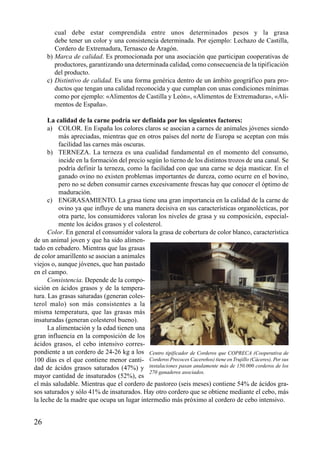 cual debe estar comprendida entre unos determinados pesos y la grasa
debe tener un color y una consistencia determinada. Por ejemplo: Lechazo de Castilla,
Cordero de Extremadura, Ternasco de Aragón.
b) Marca de calidad. Es promocionada por una asociación que participan cooperativas de
productores, garantizando una determinada calidad, como consecuencia de la tipificación
del producto.
c) Distintivo de calidad. Es una forma genérica dentro de un ámbito geográfico para pro-
ductos que tengan una calidad reconocida y que cumplan con unas condiciones mínimas
como por ejemplo: «Alimentos de Castilla y León», «Alimentos de Extremadura», «Ali-
mentos de España».
La calidad de la carne podría ser definida por los siguientes factores:
a) COLOR. En España los colores claros se asocian a carnes de animales jóvenes siendo
más apreciadas, mientras que en otros países del norte de Europa se aceptan con más
facilidad las carnes más oscuras.
b) TERNEZA. La terneza es una cualidad fundamental en el momento del consumo,
incide en la formación del precio según lo tierno de los distintos trozos de una canal. Se
podría definir la terneza, como la facilidad con que una carne se deja masticar. En el
ganado ovino no existen problemas importantes de dureza, como ocurre en el bovino,
pero no se deben consumir carnes excesivamente frescas hay que conocer el óptimo de
maduración.
c) ENGRASAMIENTO. La grasa tiene una gran importancia en la calidad de la carne de
ovino ya que influye de una manera decisiva en sus características organolécticas, por
otra parte, los consumidores valoran los niveles de grasa y su composición, especial-
mente los ácidos grasos y el colesterol.
Color. En general el consumidor valora la grasa de cobertura de color blanco, característica
de un animal joven y que ha sido alimen-
tado en cebadero. Mientras que las grasas
de color amarillento se asocian a animales
viejos o, aunque jóvenes, que han pastado
en el campo.
Consistencia. Depende de la compo-
sición en ácidos grasos y de la tempera-
tura. Las grasas saturadas (generan coles-
terol malo) son más consistentes a la
misma temperatura, que las grasas más
insaturadas (generan colesterol bueno).
La alimentación y la edad tienen una
gran influencia en la composición de los
ácidos grasos, el cebo intensivo corres-
pondiente a un cordero de 24-26 kg a los
100 días es el que contiene menor canti-
dad de ácidos grasos saturados (47%) y
mayor cantidad de insaturados (52%), es
el más saludable. Mientras que el cordero de pastoreo (seis meses) contiene 54% de ácidos gra-
sos saturados y sólo 41% de insaturados. Hay otro cordero que se obtiene mediante el cebo, más
la leche de la madre que ocupa un lugar intermedio más próximo al cordero de cebo intensivo.
26
Centro tipificador de Corderos que COPRECA (Cooperativa de
Corderos Precoces Cacereños) tiene enTrujillo (Cáceres). Por sus
instalaciones pasan anulamente más de 150.000 corderos de los
270 ganaderos asociados.
 