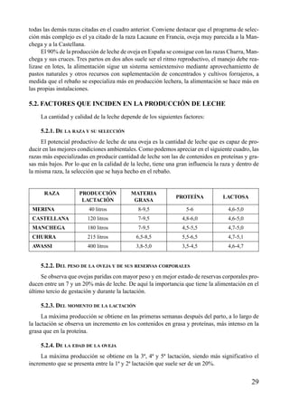 todas las demás razas citadas en el cuadro anterior. Conviene destacar que el programa de selec-
ción más complejo es el ya citado de la raza Lacaune en Francia, oveja muy parecida a la Man-
chega y a la Castellana.
El 90% de la producción de leche de oveja en España se consigue con las razas Churra, Man-
chega y sus cruces. Tres partos en dos años suele ser el ritmo reproductivo, el manejo debe rea-
lizase en lotes, la alimentación sigue un sistema semiextensivo mediante aprovechamiento de
pastos naturales y otros recursos con suplementación de concentrados y cultivos forrajeros, a
medida que el rebaño se especializa más en producción lechera, la alimentación se hace más en
las propias instalaciones.
5.2. FACTORES QUE INCIDEN EN LA PRODUCCIÓN DE LECHE
La cantidad y calidad de la leche depende de los siguientes factores:
5.2.1. DE LA RAZA Y SU SELECCIÓN
El potencial productivo de leche de una oveja es la cantidad de leche que es capaz de pro-
ducir en las mejores condiciones ambientales. Como podemos apreciar en el siguiente cuadro, las
razas más especializadas en producir cantidad de leche son las de contenidos en proteínas y gra-
sas más bajos. Por lo que en la calidad de la leche, tiene una gran influencia la raza y dentro de
la misma raza, la selección que se haya hecho en el rebaño.
RAZA PRODUCCIÓN MATERIA
PROTEÍNA LACTOSA
LACTACIÓN GRASA
MERINA 40 litros 8-9,5 5-6 4,6-5,0
CASTELLANA 120 litros 7-9,5 4,8-6,0 4,6-5,0
MANCHEGA 180 litros 7-9,5 4,5-5,5 4,7-5,0
CHURRA 215 litros 6,5-8,5 5,5-6,5 4,7-5,1
AWASSI 400 litros 3,8-5,0 3,5-4,5 4,6-4,7
5.2.2. DEL PESO DE LA OVEJA Y DE SUS RESERVAS CORPORALES
Se observa que ovejas paridas con mayor peso y en mejor estado de reservas corporales pro-
ducen entre un 7 y un 20% más de leche. De aquí la importancia que tiene la alimentación en el
último tercio de gestación y durante la lactación.
5.2.3. DEL MOMENTO DE LA LACTACIÓN
La máxima producción se obtiene en las primeras semanas después del parto, a lo largo de
la lactación se observa un incremento en los contenidos en grasa y proteínas, más intenso en la
grasa que en la proteína.
5.2.4. DE LA EDAD DE LA OVEJA
La máxima producción se obtiene en la 3ª, 4ª y 5ª lactación, siendo más significativo el
incremento que se presenta entre la 1ª y 2ª lactación que suele ser de un 20%.
29
 