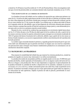 y desde los 18-20 hasta el sacrificio debe de 13-14% de Proteína Bruta. Otros investigadores indi-
can que el nivel de proteína debe ser constante durante todo el periodo situándose en un 15-16%.
7.2.6.ALIMENTACIÓN DE LAS CORDERAS DE REPOSICIÓN
Las hembras jóvenes del rebaño son las corderas de reposición que cubren por primera vez
entre los 8 y 18 meses de edad, según hayan nacido al inicio del año se cubrirán en el primer otoño
de vida si han dispuesto de suficiente comida para conseguir un buen desarrollo corporal, que ha
de ser como mínimo los 2/3 de su peso de adulto. Las corderas que se cubran más tarde lo hacen
en el segundo otoño de vida debido a que no han dispuesto de suficiente alimento para alcanzar
el peso mínimo o porque han nacido al final de la primavera (mayo-junio) y eran demasiado jóve-
nes para salir en celo en su primera estación sexual (otoño).
Durante la cría y recría de las corderas hay que propiciar un crecimiento rápido hasta alcan-
zar los 21-23 kilos de peso a los 90 días de edad, igual al de los corderos de cebo, a partir de los
tres meses conviene recortar los aportes alimenticios para conseguir un crecimiento moderado de
100-125 gramos día hasta el momento de la cubrición, debido a que a partir de los tres meses se
forma el tejido mamario y un excesivo engrasamiento conlleva una disminución de la producción
de leche posterior.
La cordera sigue creciendo durante la primera y segunda gestación-lactación por lo que con-
viene darle una alimentación que no permita movilizar en ningún caso sus reservas corporales,
son precauciones para conseguir unos buenos rendimientos productivos en consonancia con un
satisfactorio desarrollo corporal.
7.3. MANEJO DE LAS PRADERAS
Para mejorar la rentabilidad del rebaño hay que mejorar los sistemas productivos, siendo las
praderas de regadío un recurso muy interesante si se utiliza racionalmente.
La producción media de una pradera polifita en regadío puede ser de unos 35.000 kilos por
hectárea de hierba, siendo superada en Extremadura y tal vez en algunos suelos del norte de Cas-
tilla no se llegue a esta producción. Pero lo más importante es organizar el aprovechamiento de
la pradera limitando la cantidad de hierba a disposición de los animales, mediante el pastoreo
racionado con cerca eléctrica, siendo conveniente poner una valla fina a todo el perímetro de la
parcela. El pastoreo racionado consigue que las ovejas aprovechen por igual todas las especies y
no seleccionen las más apetitosas, impide el pisoteo de toda la parcela, permitiendo el creci-
miento de la hierba.
44
 