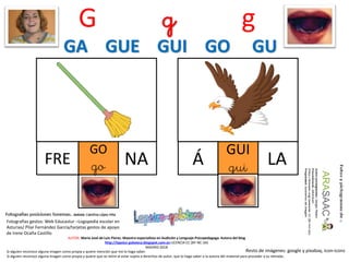 G g g
FRE NA
AUTOR: María José de Luis Flores. Maestra especialista en Audición y Lenguaje-Psicopedagoga. Autora del blog
http://lapsico-goloteca.blogspot.com.es LICENCIA CC (BY-NC-SA)
MADRID 2018
GO
go LAÁ
GUI
gui
Si alguien reconoce alguna imagen como propia y quiere mención que me lo haga saber.
Si alguien reconoce alguna imagen como propia y quiere que se retire al estar sujeta a derechos de autor, que lo haga saber a la autora del material para proceder a su retirada..
Fotografías gestos: Web Educastur –Logopedia escolar en
Asturias/ Pilar Fernández García/tarjetas gestos de apoyo
de Irene Ocaña Castillo
Resto de imágenes: google y pixabay, icon-icons
GA GUE GUI GO GU
 