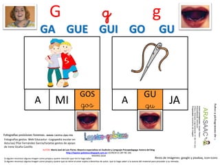G g g
A MI
AUTOR: María José de Luis Flores. Maestra especialista en Audición y Lenguaje-Psicopedagoga. Autora del blog
http://lapsico-goloteca.blogspot.com.es LICENCIA CC (BY-NC-SA)
MADRID 2018
GOS
gos JAA
GU
gu
Si alguien reconoce alguna imagen como propia y quiere mención que me lo haga saber.
Si alguien reconoce alguna imagen como propia y quiere que se retire al estar sujeta a derechos de autor, que lo haga saber a la autora del material para proceder a su retirada..
Fotografías gestos: Web Educastur –Logopedia escolar en
Asturias/ Pilar Fernández García/tarjetas gestos de apoyo
de Irene Ocaña Castillo
Resto de imágenes: google y pixabay, icon-icons
GA GUE GUI GO GU
 