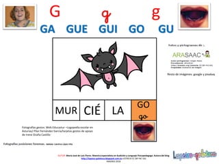 GO
goMUR
Resto de imágenes: google y pixabay
AUTOR: María José de Luis Flores. Maestra especialista en Audición y Lenguaje-Psicopedagoga. Autora del blog
http://lapsico-goloteca.blogspot.com.es LICENCIA CC (BY-NC-SA)
MADRID 2018
CIÉ LA
Fotografías gestos: Web Educastur –Logopedia escolar en
Asturias/ Pilar Fernández García/tarjetas gestos de apoyo
de Irene Ocaña Castillo
G g g
GA GUE GUI GO GU
 