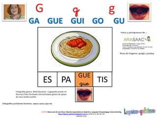 GUE
gueES
Resto de imágenes: google y pixabay
AUTOR: María José de Luis Flores. Maestra especialista en Audición y Lenguaje-Psicopedagoga. Autora del blog
http://lapsico-goloteca.blogspot.com.es LICENCIA CC (BY-NC-SA)
MADRID 2018
PA TIS
Fotografías gestos: Web Educastur –Logopedia escolar en
Asturias/ Pilar Fernández García/tarjetas gestos de apoyo
de Irene Ocaña Castillo
G g g
GA GUE GUI GO GU
 