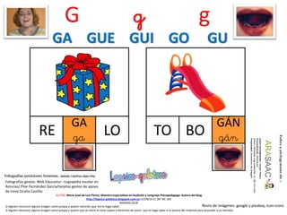 G g g
RE LO
AUTOR: María José de Luis Flores. Maestra especialista en Audición y Lenguaje-Psicopedagoga. Autora del blog
http://lapsico-goloteca.blogspot.com.es LICENCIA CC (BY-NC-SA)
MADRID 2018
GA
ga BOTO
GÁN
gán
Si alguien reconoce alguna imagen como propia y quiere mención que me lo haga saber.
Si alguien reconoce alguna imagen como propia y quiere que se retire al estar sujeta a derechos de autor, que lo haga saber a la autora del material para proceder a su retirada..
Fotografías gestos: Web Educastur –Logopedia escolar en
Asturias/ Pilar Fernández García/tarjetas gestos de apoyo
de Irene Ocaña Castillo
Resto de imágenes: google y pixabay, icon-icons
GA GUE GUI GO GU
 