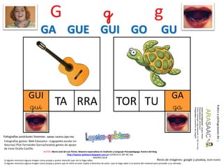 G g g
TA RRA
AUTOR: María José de Luis Flores. Maestra especialista en Audición y Lenguaje-Psicopedagoga. Autora del blog
http://lapsico-goloteca.blogspot.com.es LICENCIA CC (BY-NC-SA)
MADRID 2018
GUI
gui TUTOR
GA
ga
Si alguien reconoce alguna imagen como propia y quiere mención que me lo haga saber.
Si alguien reconoce alguna imagen como propia y quiere que se retire al estar sujeta a derechos de autor, que lo haga saber a la autora del material para proceder a su retirada..
Fotografías gestos: Web Educastur –Logopedia escolar en
Asturias/ Pilar Fernández García/tarjetas gestos de apoyo
de Irene Ocaña Castillo
Resto de imágenes: google y pixabay, icon-icons
GA GUE GUI GO GU
 