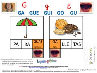 G g g
PA RA
AUTOR: María José de Luis Flores. Maestra especialista en Audición y Lenguaje-Psicopedagoga. Autora del blog
http://lapsico-goloteca.blogspot.com.es LICENCIA CC (BY-NC-SA)
MADRID 2018
GUAS
guas TASLLE
GA
ga
Si alguien reconoce alguna imagen como propia y quiere mención que me lo haga saber.
Si alguien reconoce alguna imagen como propia y quiere que se retire al estar sujeta a derechos de autor, que lo haga saber a la autora del material para proceder a su retirada..
Fotografías gestos: Web Educastur –Logopedia escolar en
Asturias/ Pilar Fernández García/tarjetas gestos de apoyo
de Irene Ocaña Castillo
Resto de imágenes: google y pixabay, icon-icons
GA GUE GUI GO GU
 