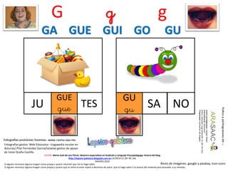 G g g
JU TES
AUTOR: María José de Luis Flores. Maestra especialista en Audición y Lenguaje-Psicopedagoga. Autora del blog
http://lapsico-goloteca.blogspot.com.es LICENCIA CC (BY-NC-SA)
MADRID 2018
GUE
gue NOSA
GU
gu
Si alguien reconoce alguna imagen como propia y quiere mención que me lo haga saber.
Si alguien reconoce alguna imagen como propia y quiere que se retire al estar sujeta a derechos de autor, que lo haga saber a la autora del material para proceder a su retirada..
Fotografías gestos: Web Educastur –Logopedia escolar en
Asturias/ Pilar Fernández García/tarjetas gestos de apoyo
de Irene Ocaña Castillo
Resto de imágenes: google y pixabay, icon-icons
GA GUE GUI GO GU
 