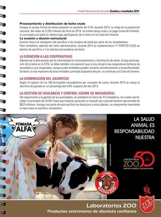 23
CUADERNOS GANADEROS 12
Fondo Nacional del Ganado Gestión y resultados 2014
Procesamiento y distribución de leche cruda
Aunque el acopio formal de leche presentó un aumento del 5.5% durante 2014, la mitad de la producción
nacional, del orden de 3.250 millones de litros en 2014, se comercializa cruda y no paga Cuota de Fomento,
lo cual explica en parte la relativa baja participación de la leche en la Cuota de Fomento.
La evasión y elusión estructural
Evasión total o el subregistro del sacrificio o las compras de leche por parte de los recaudadores.
Para combatirla, además del cobro administrativo, durante 2014 se implementaron 71 PUNTOS FIJOS en
plantas de sacrificio y 7 en plantas procesadoras de leche.
LA EXENCIÓN A LAS COOPERATIVAS
Además de la alta evasión por la informalidad en el procesamiento y distribución de leche, la baja participa-
ción de la leche en la CFGL se debe también a la exención que la Ley otorgó a las cooperativas lecheras de
recaudarla a sus cooperados, aunque estas entidades pueden sumarse voluntariamente a la parafiscalidad.
De hecho, la más importante de estas entidades y principal acopiadora del país, no contribuye a la Cuota de Fomento.
LA DISMINUCIÓN DEL SACRIFICIO
Según el registro de los 200 principales recaudadores por concepto de carne, durante 2014 se redujo el
sacrificio de ganado en un porcentaje del 4.0% respecto del año 2013.
LA GESTIÓN DE VIGILANCIA Y CONTROL (CIERRE DE MATADEROS)
Del seguimiento a la gestión de las autoridades, se estableció el cierre de 313 mataderos, los cuales sacrifi-
caban un promedio de 33.937 reses que hubieran generado un recaudo por cuota de fomento aproximado de
$523 millones. Aunque una parte de este sacrificio se direcciona a otras plantas, un componente importante
lo hace hacia el sacrificio clandestino.
 