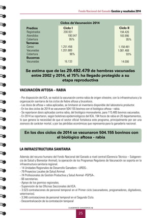 25
CUADERNOS GANADEROS 12
Fondo Nacional del Ganado Gestión y resultados 2014
VACUNACIÓN AFTOSA – RABIA
- Por disposición del ICA, se realizó la vacunación contra rabia de origen silvestre, con la infraestructura y la
organización sanitaria de los ciclos de fiebre aftosa y brucelosis.
- Las dosis de aftosa + rabia aplicadas, se limitaron al inventario disponible del laboratorio productor.
- En los dos ciclos de 2014 se vacunaron 504.155 bovinos con el biológico aftosa - rabia.
- Se reportaron dosis aplicadas contra rabia, del biológico monovalente, para 115.485 bovinos vacunados.
- En 2014 se reportaron, según boletines epidemiológicos del ICA, 194 focos de rabia en 20 departamentos,
lo que genera la necesidad de que el sector oficial fortalezca este programa, principalmente por ser una
zoonosis de carácter mortal, y por las pérdidas económicas que representa para la ganadería nacional.
Además del recurso humano del Fondo Nacional del Ganado a nivel central (Gerencia Técnica – Subgeren-
cia de Salud y Bienestar Animal), la operación de los Programas Regulares de Vacunación se soporta en la
infraestructura sanitaria regional.
- 14 Unidades Regionales de Desarrollo Ganadero –URDG-.
- 79 Proyectos Locales de Salud Animal.
- 74 Profesionales de Gestión Productiva y Salud Animal -PGPSA-.
- 66 secretarias.
- Apoyo de los gremios regionales.
- Supervisión de las Oficinas Seccionales del ICA.
- 3.523 contrataciones de personal temporal en el Primer ciclo (vacunadores, programadores, digitadores,
veterinarios).
- 3.346 contrataciones de personal temporal en el Segundo Ciclo.
- Descentralización de la contratación temporal
Predios
Registrados 200.931
Atendidos 		 190.547
Cobertura 		 95%
Terneras
Censo		 1.251.456
Vacunadas		 1.201.889
Cobertura			 96%
Bucerras
Vacunadas 16.133
194.426
183.996
95%
1.158.481
1.081.468
93%
14.006
Ciclos deVacunación 2014
Ciclo IICiclo I
Se estima que de las 29.492.479 de hembras vacunadas
entre 2002 y 2014, el 75% ha llegado protegido a su
etapa reproductiva
LA INFRAESTRUCTURA SANITARIA
En los dos ciclos de 2014 se vacunaron 504.155 bovinos con
el biológico aftosa - rabia.
 