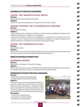 PRIMER SEMESTRE DE 2015
26
Fondo Nacional del Ganado Gestión y resultados 2014
DESARROLLO DE PROYECTOS SANITARIOS
FEDEGÁN – FNG Y MUNICIPIO DE SOLITA, CAQUETÁ
Ejecutor
Comité Departamental de Ganaderos del Caquetá
Objetivo
Certificar 35 predios libres de Brucelosis y Tuberculosis en el municipio de Solita.
CONVENIO 158 FEDEGAN - FNG Y LA UNIVERSIDAD DE LA AMAZONÍA
Ejecutor
Universidad de la Amazonía
Objetivo
- Evaluar el perfil sanitario reproductivo en bovinos en el departamento del Caquetá para determinar enfer-
medades reproductivas y su incidencia en el hato regional.
- Socializar los resultados a productores y estudiantes de la Universidad de la Amazonía, con el fin de
incorporar criterios de prevención para las enfermedades investigadas, que impactan negativamente la
reproducción bovina y son reportadas como endémicas en esta región del país.
FEDEGÁN – FNG Y UNIVERSIDAD DE LA SALLE
Ejecutor
Universidad de la Salle
Objetivo
Aportar información con fundamentos epidemiológicos y económicos como base para la toma de decisiones
en el control de mastitis bovina en ganaderías de Zipaquirá (Cundinamarca)
MODELOS INTEGRALES PRODUCTIVOS
Componente sanitario
Ejecutor
Coordinación de Investigación y Desarrollo Tecnológico.
Objetivo
Realizar monitoreo, durante un año, a 20 predios de lechería especializada en Cundinamarca, para determi-
nar indicadores sanitarios de línea base, e identificar factores de riesgo asociados
PROMOCIÓN DE BUENAS PRÁCTICAS GANADERAS
Ejecutor
- Coordinación de Seguimiento Epidemiológico
- Unidades Regionales de Desarrollo Ganadero
Objetivo	
Fomentar la cultura sanitaria en la ganadería colombiana, a
través de la capacitación en BPG, prevención de enferme-
dades parasitarias y reproductivas, y principios de etología
bovina, como elementos necesarios para mejorar la compe-
titividad, las prácticas de manejo animal, las buenas prácti-
cas de alimentación y el uso de medicamentos veterinarios.
Resultados	
- Se atendieron 25 departamentos.
- Se realizaron 181 eventos sanitarios
- Se beneficiaron 9.138 productores
Taller de BPG PL Montelíbano 2014
Foto: Elkin Arango – PGPSA,
 