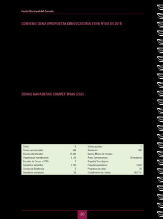 PRIMER SEMESTRE DE 2015
30
Fondo Nacional del Ganado Gestión y resultados 2014
CONVENIO SENA (PROPUESTA CONVOCATORIA SENA N°001 DE 2014)
Proyecto presentado al SENA, dentro de la convocatoria de Fomento de la Innovación y Desarrollo Tecnoló-
gico en las Empresas. La propuesta fue aprobada y se encuentra en fase de contratación.
Productos del convenio
- Metodología sobre producción de ensilaje de avena, cultivada en rotación con papa, como suplemento
alimenticio en lechería especializada; incluyendo 6 dietas formuladas para vacas en producción y la socia-
lización a 360 ganaderos.
- Metodología sobre producción de ensilaje de maíz, evaluación económica y técnica de la siembra, esta-
blecimiento en empresas de doble propósito en trópico bajo; incluyendo 5 dietas formuladas para vacas
lactantes y socialización a 720 ganaderos.
- Sistema en tecnología Web de Soporte de Decisiones de Planeación de Partos, capacitación a 30 profe-
sionales y 420 ganaderos.
- Protocolo de Buenas Prácticas de Uso de Medicamentos Veterinarios, para disminuir el riesgo de presencia
de residuos en canales bovinas, incluida capacitación a 140 ganaderos.
- Protocolo con técnicas de Control integrado de parásitos y capacitación a 100 ganaderos.
- Producción de 36 lecciones radiofónicas en temas de producción ganadera de trópico alto dirigidas a 200
ganaderos del departamento de Nariño.
- Metodología de Gestión de Conocimiento a través de una red virtual para el sector.
ZONAS GANADERAS COMPETITIVAS (ZGC)
- Son áreas conformadas por varios municipios con potencial de desarrollo ganadero, en las cuales se lleva
a cabo un trabajo de por lo menos 3 años para generar innovación en las empresas ganaderas y mejorar los
indicadores productivos y la competitividad.
- Un proyecto de ZGC tiene 10 componentes que contemplan acciones de innovación y transferencia de
tecnología sobre los principales ejes temáticos de la ganadería.
- La financiación de las ZGC se realiza a través de los departamentos, generalmente a partir del Sistema
General de Regalías (SGR).
- Se han presentados proyectos de ZGC para 11 departamentos diferentes.
Convenio Gobernación de Sucre
“Desarrollo Sostenible Ganadero en el Caribe Colombiano con Innovación Empresarial Ganadera para el
Departamento de Sucre”. 	
Resultados
ASISTEGÁN
Ciclos: 				 8
Fincas caracterizadas: 	 448
Bovinos identificados: 	 17.392
Diagnósticos reproductivos: 	 5.135	
Escuelas de Campo – ECA’s: 	 2
Ganaderos atendidos: 	 1.792
Círculos de Excelencia: 	 5
Ganaderos vinculados:		 50
Convenio 03 de 2014 con el departamento de La Guajira.
“Mejoramiento y Aumento de la Productividad y Competitividad en el sector ganadero del Departamento de
La Guajira”, fue aprobado el 19 de julio de 2013.
El valor del convenio fue DE $10.151.722.294, incluida la interventoría, con una duración de tres años. El 30
de octubre de 2014 se realizó la firma del acta de inicio, y en noviembre se realizó el lanzamiento en el marco
del Foro Regional realizado en Riohacha.
Visitas guiadas: 		 2
Asistentes 		 300
Bancos Mixtos de Forrajes
Áreas Demostrativas:		 16 hectáreas
Brigadas Tecnológicas
Pequeños ganaderos: 	 2.520
Programas de radio: 			 20
Cumplimiento de metas: 		 99,71%
 