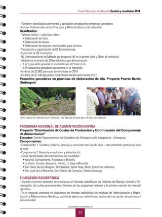 33
CUADERNOS GANADEROS 12
Fondo Nacional del Ganado Gestión y resultados 2014
- Transferir tecnologías pertinentes y aplicables en pequeñas empresas ganaderas.
- Formar Profesionales en los Principios y Métodos Básicos de Extensión.
Resultados:
- Talleres teórico – prácticos sobre:
•	 Elaboración de Silos.
•	 Elaboración de henos.
•	 Elaboración de bloques nutricionales para bovinos.
- Vinculación y capacitación de 68 Extensionistas.
- Ejecución en 28 municipios
- 90 Demostraciones de Método por proyecto (40 en el primer ciclo y 50 en el interciclo)
- Asistencia promedio de 20 beneficiarios por demostración.
- 17.271 pequeños ganaderos asistentes en el Primer ciclo.
- 16.691pequeños ganaderos asistentes en el Interciclo.
- Un total de 33.962 personas beneficiadas en 2014.
- Un total de 55.540 pequeños productores beneficiados desde 2012.
Pequeños ganaderos en prácticas de elaboración de silo. Proyecto Puerto Berrio
(Antioquia)
PROGRAMA NACIONAL DE ALIMENTACIÓN BOVINA
Proyecto “Disminución de Costos de Producción y Optimización del Componente
de Alimentación”
Ejecutor: Comité Departamental de Ganaderos de Antioquia junto Asoganorte - Antioquuia.
Componentes:
- Componente 1: Siembra, cosecha, ensilaje y suministro del silo de maíz u otro elemento promisorio para
la zona.
- Componente 2: Asesoría en nutrición y alimentación.
- Zonas beneficiadas con transferencia de resultados
•	 Yarumal: Campamento, Angostura y Briceño.
•	 La Unión: Sonsón, Abejorral, Nariño, La Ceja y Marinilla.
•	 San Pedro de los Milagros: Don Matías, Santa Rosa, Bello, Entrerríos y Belmira.
•	 San José de La Montaña: San Andrés de Cuerquia, Toledo e Ituango
EDUCACIÓN RADIOFÓNICA
- Durante el primer semestre se produjeron en formato radiofónico los módulos de Manejo Animal y Ali-
mentación, las cuñas promocionales, libretos de los programas radiales y la primera versión del manual
operativo.
- En el segundo semestre se elaboraron en formato radiofónico los módulos de Administración y Repro-
ducción y Mejoramiento Genético, cartilla de ejercicios radiofónicos, audios de inscripción, lanzamiento y
sostenibilidad.
Fuente: Proyecto BTG Interciclo de 2014, FEDEGAN – FNG, Municipio de Puerto Nare, foto Omar José Bohorquez
 