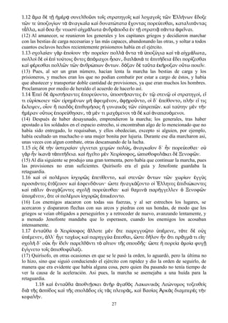 1.12 ἅμα δὲ τῇ ἡμέρᾳ συνελθοῦσι τοῖς στρατηγοῖς καὶ λοχαγοῖς τῶν Ἑλλήνων ἔδοξε
τῶν τε ὑποζυγίων τὰ ἀναγκαῖα καὶ δυνατώτατα ἔχοντας πορεύεσθαι καταλιπ͵ όντας
τἆλλα κα͵ ὶ ὅσα ἦν νεωστὶ αἰχμάλωτα ἀνδράποδα ἐν τῇ στρατιᾷ πάντα ἀφεῖναι.
(12) Al amanecer, se reunieron los generales y los capitanes griegos y decidieron marchar
con las bestias de carga necesarias y las más capaces, abandonando las otras, y soltar a todos
cuantos esclavos hechos recientemente prisioneros había en el ejército.
1.13 σχολα αν γ ρ πο ουν τ ν πορε αν πολλ ντα τ ποζ για κα τ α χμ λωταί ὰ ἐ ί ὴ ί ὰ ὄ ὰ ὑ ύ ὶ ὰ ἰ ά ͵
πολλο δ ο π το τοις ντες π μαχοι σαν διπλ σι τε πιτ δεια δει πορ ζεσθαιὶ ὲ ἱ ἐ ὶ ύ ὄ ἀ ό ἦ ͵ ά ά ἐ ή ἔ ί
κα φ ρεσθαι πολλ ν τ ν νθρ πων ντων. δ ξαν δ τα τα κ ρυξαν ο τω ποιε ν.ὶ έ ῶ ῶ ἀ ώ ὄ ό ὲ ῦ ἐ ή ὕ ῖ
(13) Pues, al ser un gran número, hacían lenta la marcha las bestias de carga y los
prisioneros, y muchos eran los que no podían combatir por estar a cargo de éstos, y había
que abastecer y transportar doble cantidad de provisiones, ya que eran muchos los hombres.
Proclamaron por medio de heraldo el acuerdo de hacerlo así.
1.14 πε δ ριστ σαντες πορε οντο ποστ σαντες ν τ στεν ο στρατηγο εἘ ὶ ὲ ἀ ή ἐ ύ ͵ ὑ ή ἐ ῷ ῷ ἱ ί͵ ἴ
τι ε ρ σκοιεν τ ν ε ρημ νων μ φειμ νον φ ρο ντο ο δ΄ πε θοντο πλ ν ε τιςὑ ί ῶ ἰ έ ὴ ἀ έ ͵ ἀ ῃ ῦ ͵ ἱ ἐ ί ͵ ὴ ἴ
κλεψεν ο ον παιδ ς πιθυμ σας γυναικ ς τ ν ε πρεπ ν. κα τα την μ ν τ νἔ ͵ ἷ ἢ ὸ ἐ ή ἢ ὸ ῶ ὐ ῶ ὶ ύ ὲ ὴ
μ ραν ο τως πορε θησαν τ μ ν τι μαχ μενοι τ δ κα ναπαυ μενοι.ἡ έ ὕ ἐ ύ ͵ ὰ έ ό ὰ ὲ ὶ ἀ ό
(14) Después de haber desayunado, emprendieron la marcha; los generales, tras haber
apostado a los soldados en el espacio estrecho, si encontraban algo de lo mencionado que no
había sido entregado, lo requisaban, y ellos obedecían, excepto si alguien, por ejemplo,
había ocultado un muchacho o una mujer bonita por lujuria. Durante ese día marcharon así,
unas veces con algun combate, otras descansando de la lucha.
1.15 ε ς δ τ ν στερα αν γ γνεται χειμ ν πολ ς ναγκα ον δ΄ ν πορε εσθαι· οἰ ὲ ὴ ὑ ί ί ὼ ύ ͵ ἀ ῖ ἦ ύ ὐ
γ ρ ν καν τ πιτ δεια. κα γε το μ ν Χειρ σοφος πισθοφυλ κει δ Ξενοφ ν.ὰ ἦ ἱ ὰ ἀ ή ὶ ἡ ῖ ὲ ί ͵ ὠ ά ὲ ῶ
(15) Al día siguiente se produjo una gran tormenta, pero había que continuar la marcha, pues
las provisiones no eran suficientes. Quirísofo era el guía y Jenofonte guardaba la
retaguardia.
1.16 κα ο πολ μιοι σχυρ ς πετ θεντο κα στεν ν ντων τ ν χωρ ων γγ ςὶ ἱ έ ἰ ῶ ἐ ί ͵ ὶ ῶ ὄ ῶ ί ἐ ὺ
προσι ντες τ ξευον κα σφενδ νων· στε ναγκ ζοντο ο λληνες πιδι κοντεςό ἐ ό ὶ ἐ ό ὥ ἠ ά ἱ Ἕ ἐ ώ
κα π λιν ναχ ζοντες σχολ πορε εσθαι· κα θαμιν παρ γγελλεν Ξενοφ νὶ ά ἀ ά ῇ ύ ὶ ὰ ή ὁ ῶ
πομ νειν τε ο πολ μιοι σχυρ ς πικ οιντο.ὑ έ ͵ ὅ ἱ έ ἰ ῶ ἐ έ
(16) Los enemigos atacaron con todas sus fuerzas, y al ser estrechos los lugares, se
acercaron y dispararon flechas con sus arcos y piedras con sus hondas, de modo que los
griegos se veían obligados a perseguirlos y a retroceder de nuevo, avanzando lentamente, y
a menudo Jenofonte mandaba que lo esperasen, cuando los enemigos los acosaban
intensamente.
1.17 ντα θα Χειρ σοφος λλοτε μ ν τε παρεγγυ το π μενε τ τε δ ο χἐ ῦ ὁ ί ἄ ὲ ὅ ῷ ὑ έ ͵ ό ὲ ὐ
π μενεν λλ΄ γε ταχ ως κα παρηγγ α πεσθαι στε δ λον ν τι πρ γμ τι ε η·ὑ έ ͵ ἀ ἦ έ ὶ ύ ἕ ͵ ὥ ῆ ἦ ὅ ᾶ ά ἴ
σχολ δ΄ ο κ ν δε ν παρελθ ντι τ α τιον τ ς σπουδ ς· στε πορε α μο α φυγὴ ὐ ἦ ἰ ῖ ό ὸ ἴ ῆ ῆ ὥ ἡ ί ὁ ί ῇ
γ γνετο το ς πισθοφ λαξι.ἐ ί ῖ ὀ ύ
(17) Quirísofo, en otras ocasiones en que se le pasó la orden, lo aguardó, pero la última no
lo hizo, sino que siguió conduciendo el ejército con rapidez y dio la orden de seguirlo, de
manera que era evidente que había alguna cosa, pero quien iba pasando no tenía tiempo de
ver la causa de la aceleración. Asi pues, la marcha se asemejaba a una huída para la
retaguardia.
1.18 κα ντα θα ποθν σκει ν ρ γαθ ς Λακωνικ ς Λε νυμος τοξευθε ςὶ ἐ ῦ ἀ ῄ ἀ ὴ ἀ ὸ ὸ ώ ὶ
δι τ ς σπ δος κα τ ς σπολ δος ε ς τ ς πλευρ ς κα Βασ ας ρκ ς διαμπερ ς τ νὰ ῆ ἀ ί ὶ ῆ ά ἰ ὰ ά ͵ ὶ ί Ἀ ὰ ὲ ὴ
κεφαλ ν.ή
27
 