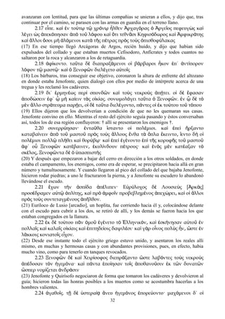 avanzaran con lentitud, para que las últimas compañias se unieran a ellos, y dijo que, tras
continuar por el camino, se parasen con las armas en guardia en el terreno llano.
2.17 ε πε. κα ν το τ τ χρ ν λθεν ρχαγ ρας ργε ος πεφευγ ς καἶ ὶ ἐ ύ ῳ ῷ ό ῳ ἦ Ἀ ό ὁ Ἀ ῖ ὼ ὶ
λ γει ς πεκ πησαν π το λ φου κα τι τεθν σι Κηφισ δωρος κα μφικρ τηςέ ὡ ἀ ό ἀ ὸ ῦ ό ὶ ὅ ᾶ ό ὶ Ἀ ά
κα λλοι σοι μ λ μενοι κατ τ ς π τρας πρ ς το ς πισθοφ λακαςὶ ἄ ὅ ὴ ἁ ό ὰ ῆ έ ὸ ὺ ὀ ύ
(17) En ese tiempo llegó Arcágoras de Argos, recién huido, y dijo que habían sido
expulsados del collado y que estaban muertos Cefisodoro, Anfícrates y todos cuantos no
saltaron por la roca y alcanzaron a los de retaguardia.
2.18 φ κοντο. τα τα δ διαπραξ μενοι ο β ρβαροι κον π΄ ντ πορονἀ ί ῦ ὲ ά ἱ ά ἧ ἐ ἀ ί
λ φον τ μαστ · κα Ξενοφ ν διελ γετο α το ςό ῷ ῷ ὶ ὁ ῶ έ ὐ ῖ
(18) Los bárbaros, tras conseguir ese objetivo, coronaron la altura de enfrente del altozano
en donde estaba Jenofonte, quien dialogó con ellos por medio de intérprete acerca de una
tregua y les reclamó los cadáveres.
2.19 δι΄ ἑρμηνέως περὶ σπονδῶν καὶ τοὺς νεκροὺς ἀπῄτει. οἱ δὲ ἔφασαν
ἀποδώσειν ἐφ΄ ᾧ μὴ καίειν τὰς οἰκίας. συνωμολόγει ταῦτα ὁ Ξενοφῶν. ἐν ᾧ δὲ τὸ
μὲν ἄλλο στράτευμα παρῄει ο͵ ἱ δὲ ταῦτα διελέγοντο π͵ άντες οἱ ἐκ τούτου τοῦ τόπου
(19) Ellos dijeron que los devolverían a condición de que no les quemaran sus casas.
Jenofonte convino en ello. Mientras el resto del ejército seguía pasando y éstos conversaban
así, todos los de esa región confluyeron: † allí se presentaron los enemigos †.
2.20 συνερρ ησαν· ντα θα σταντο ο πολ μιοι. κα πε ρξαντού ἐ ῦ ἵ ἱ έ ὶ ἐ ὶ ἤ
καταβα νειν π το μαστο πρ ς το ς λλους νθα τ πλα κειντο εντο δ οί ἀ ὸ ῦ ῦ ὸ ὺ ἄ ἔ ὰ ὅ ἔ ͵ ἵ ὴ ἱ
πολ μιοι πολλ πλ θει κα θορ β · κα πε γ νοντο π τ ς κορυφ ς το μαστοέ ῷ ή ὶ ύ ῳ ὶ ἐ ὶ ἐ έ ἐ ὶ ῆ ῆ ῦ ῦ
φ΄ ο Ξενοφ ν κατ βαινεν κυλ νδουν π τρους· κα ν ς μ ν κατ αξαν τἀ ὗ ῶ έ ͵ ἐ ί έ ὶ ἑ ὸ ὲ έ ὸ
σκ λος Ξενοφ ντα δ πασπιστ ςέ ͵ ῶ ὲ ὁ ὑ ὴ
(20) Y después que empezaron a bajar del cerro en dirección a los otros soldados, en donde
estaba el campamento, los enemigos, como era de esperar, se precipitaron hacia allá en gran
número y tumultuosamente. Y cuando llegaron al pico del collado del que bajaba Jenofonte,
hicieron rodar piedras; a uno le fracturaron la pierna, y a Jenofonte su escudero lo abandonó
llevándose el escudo.
2.21 χων τ ν σπ δα π λιπεν· Ε ρ λοχος δ Λουσιε ς [ ρκ ς]ἔ ὴ ἀ ί ἀ έ ὐ ύ ὲ ὺ Ἀ ὰ
προσ δραμεν α τ πλ της κα πρ μφο ν προβεβλημ νος πεχ ρει κα ο λλοιέ ὐ ῷ ὁ ί ͵ ὶ ὸ ἀ ῖ έ ἀ ώ ͵ ὶ ἱ ἄ
πρ ς το ς συντεταγμ νους π λθον.ὸ ὺ έ ἀ ῆ
(21) Euríloco de Lusio [arcadio], un hoplita, fue corriendo hacia él y, colocándose delante
con el escudo para cubrir a los dos, se retiró de allí, y los demás se fueron hacia los que
estaban congregados en la llanura.
2.22 κ δ το του π ν μο γ νετο τ λληνικ ν κα σκ νησαν α το νἐ ὲ ύ ᾶ ὁ ῦ ἐ έ ὸ Ἑ ό ͵ ὶ ἐ ή ὐ ῦ ἐ
πολλα ς κα καλα ς ο κ αις κα πιτηδε οις δαψιλ σι· κα γ ρ ο νος πολ ς ν στε νῖ ὶ ῖ ἰ ί ὶ ἐ ί έ ὶ ὰ ἶ ὺ ἦ ͵ ὥ ἐ
λ κκοις κονιατο ς ε χον.ά ῖ ἶ
(22) Desde ese instante todo el ejército griego estuvo unido, y asentaron los reales alli
mismo, en muchas y hermosas casas y con abundantes provisiones, pues, en efecto, habia
mucho vino, como para tenerlo en tanques revocados.
2.23 Ξενοφ ν δ κα Χειρ σοφος διεπρ ξαντο στε λαβ ντες το ς νεκρο ςῶ ὲ ὶ ί ά ὥ ό ὺ ὺ
π δοσαν τ ν γεμ να· κα π ντα πο ησαν το ς ποθανο σιν κ τ ν δυνατ νἀ έ ὸ ἡ ό ὶ ά ἐ ί ῖ ἀ ῦ ἐ ῶ ῶ
σπερ νομ ζεται νδρ σινὥ ί ἀ ά
(23) Jenofonte y Quirísofo negociaron de forma que tomaron los cadáveres y devolvieron al
guía; hicieron todas las honras posibles a los muertos como se acostumbra hacerlas a los
hombres valientes.
2.24 γαθο ς. τ δ στερα νευ γεμ νος πορε οντο· μαχ μενοι δ΄ οἀ ῖ ῇ ὲ ὑ ίᾳ ἄ ἡ ό ἐ ύ ό ἱ
32
 