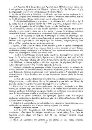 7.9 γασ ας δ Στυμφ λιος κα ριστ νυμος Μεθυδριε ς κα ο τοι τ νἈ ί ὲ ὁ ά ὶ Ἀ ώ ὺ ὶ ὗ ῶ
πισθοφυλ κων λοχαγο ντες κα λλοι δ φ στασαν ξω τ ν δ νδρων· ο γ ρὀ ά ὶ ὄ ͵ ὶ ἄ έ͵ ἐ έ ἔ ῶ έ ὐ ὰ
ν σφαλ ς ν το ς δ νδροις στ ναι πλ ον τ ν να λ χον.ἦ ἀ ῶ ἐ ῖ έ ἑ ά έ ἢ ὸ ἕ ό
(9) Agasias de Estinfalia y Aristónimo de Metridio, que eran también capitanes de la
retaguardia, y algunos otros estaban colocados fuera de la protección de los arboles, pues no
era posible apostar en éstos de manera segura más de una compañia.
7.10 νθα δ Καλλ μαχος μηχαν τα τι· προ τρεχεν π το δ νδρου φ΄ἔ ὴ ί ᾶ ί ύ ἀ ὸ ῦ έ ὑ ᾧ
ν α τ ς δ ο τρ α β ματα· πειδ δ ο λ θοι φ ροιντο ν χαζεν ε πετ ς· φ΄ἦ ὐ ὸ ύ ἢ ί ή ἐ ὴ ὲ ἱ ί έ ͵ ἀ έ ὐ ῶ ἐ
κ στης δ τ ς προδρομ ς πλ ον δ κα μαξαι πετρ ν νηλ σκοντο.ἑ ά ὲ ῆ ῆ έ ἢ έ ἅ ῶ ἀ ί
(10) En tal ocasión, Calímaco tuvo una brillante ocurrencia: corría adelante, desde el árbol
particular a cuyo amparo estaba, dos o tres pasos, y cuando le arrojaban pedruscos,
retrocedía fácilmente; en cada carrera se gastaban más de diez carromatos de piedras.
7.11 δ γασ ας ς ρ τ ν Καλλ μαχον πο ει τ στρ τευμα π νὁ ὲ Ἀ ί ὡ ὁ ᾷ ὸ ί ἃ ἐ ί ὸ ά ᾶ
θε μενον δε σας μ ο πρ τος παραδρ μ ε ς τ χωρ ον ο δ τ ν ριστ νυμονώ ͵ ί ὴ ὐ ῶ ά ῃ ἰ ὸ ί ͵ ὐ ὲ ὸ Ἀ ώ
πλησ ον ντα παρακαλ σας ο δ Ε ρ λοχον τ ν Λουσι α τα ρους ντας ο δί ὄ έ ὐ ὲ ὐ ύ ὸ έ ͵ ἑ ί ὄ ͵ ὐ ὲ
λλον ο δ να χωρε α τ ς κα παρ ρχεται π ντας.ἄ ὐ έ ῖ ὐ ό ͵ ὶ έ ά
(11) Agasias, al ver lo que Calímaco estaba haciendo y todo el ejército contemplaba,
temiendo no ser el primero en llegar corriendo hasta la posición enemiga, sin haber llamado
a Aristónimo, aunque estaba cerca, ni a Euríloco de Luso, aun siendo sus compañeros, ni a
ningún otro, avanzó por su cuenta y dejó atras a todos.
7.12 δ Καλλ μαχος ς ρ α τ ν παρι ντα πιλαμβ νεται α το τ ςὁ ὲ ί ὡ ὁ ᾷ ὐ ὸ ό ͵ ἐ ά ὐ ῦ ῆ
τυος· ν δ το τ παραθε α το ς ριστ νυμος Μεθυδριε ς κα μετ το τονἴ ἐ ὲ ύ ῳ ῖ ὐ ὺ Ἀ ώ ύ ͵ ὶ ὰ ῦ
Ε ρ λοχος Λουσιε ς· π ντες γ ρ ο τοι ντεποιο ντο ρετ ς κα διηγων ζοντοὐ ύ ύ ά ὰ ὗ ἀ ῦ ἀ ῆ ὶ ί
πρ ς λλ λους· κα ο τως ρ ζοντες α ρο σι τ χωρ ον. ς γ ρ παξ ε σ δραμονὸ ἀ ή ὶ ὕ ἐ ί ἱ ῦ ὸ ί ὡ ὰ ἅ ἰ έ ͵
ο δε ς π τρος νωθεν ν χθη. ντα θα δ δειν ν ν θ αμα.ὐ ὶ έ ἄ ἠ έ ἐ ῦ ὴ ὸ ἦ έ
(12) Calímaco, cuando vio que pasaba por su lado, lo agarró sin soltarlo por el borde del
escudo; entretanto, los adelantó corriendo Aristónimo de Metridio, y tras éste Euríloco de
Luso. Todos estos hombres rivalizaban en valor y competían entre sí. Y disputando de esta
manera tomaron el lugar. En efecto, una vez que irrumpieron, ninguna piedra fue lanzada
desde arriba.
7.13 α γ ρ γυνα κες πτουσαι τ παιδ α ε τα αυτ ς πικατερρ πτουν κα οἱ ὰ ῖ ῥί ὰ ί ἶ ἑ ὰ ἐ ί ͵ ὶ ἱ
νδρες σα τως. ντα θα δ κα Α νε ας Στυμφ λιος λοχαγ ς δ ν τινα θ οντα ςἄ ὡ ύ ἐ ῦ ὴ ὶ ἰ ί ά ὸ ἰ ώ έ ὡ
ψοντα αυτ ν στολ ν χοντα καλ ν πιλαμβ νεται ς κωλ σων·ῥί ἑ ὸ ὴ ἔ ὴ ἐ ά ὡ ύ
(13) Entonces se vio un espectáculo espeluznante: las mujeres, arrojando a sus hijos
primero, se lanzaban luego ellas mismas al vacío, y los hombres hacían lo mismo. En un
trance en que Eneas de Estinfalia, un capitán, viendo a un hombre que corría para arrojarse
y que llevaba un hermoso vestido, lo agarró por él para impedírselo,
7.14 δ α τ ν πισπ ται κα μφ τεροι χοντο κατ τ ν πετρ νὁ ὲ ὐ ὸ ἐ ᾶ ͵ ὶ ἀ ό ᾤ ὰ ῶ ῶ
φερ μενοι κα π θανον. ντε θεν νθρωποι μ ν π νυ λ γοι λ φθησαν β ες δό ὶ ἀ έ ἐ ῦ ἄ ὲ ά ὀ ί ἐ ή ͵ ό ὲ
κα νοι πολλο κα πρ βατα.ὶ ὄ ὶ ὶ ό
(14) éste tiró de él y ambos fueron cayendo por las rocas y murieron. En ese sitio muy pocos
hombres fueron capturados, pero sí bueyes, asnos y ovejas en gran número.
Llegan al país de los cálibes
7.15 ντε θεν πορε θησαν δι Χαλ βων σταθμο ς πτ παρασ γγαςἘ ῦ ἐ ύ ὰ ύ ὺ ἑ ὰ ά
πεντ κοντα. ο τοι σαν ν δι λθον λκιμ τατοι κα ε ς χε ρας σαν. ε χον δή ὗ ἦ ὧ ῆ ἀ ώ ͵ ὶ ἰ ῖ ᾖ ἶ ὲ
θ ρακας λινο ς μ χρι το τρου ντ δ τ ν πτερ γων σπ ρτα πυκνώ ῦ έ ῦ ἤ ͵ ἀ ὶ ὲ ῶ ύ ά ὰ
στραμμ να.ἐ έ
(15) Desde allí recorrieron por territorío de los cálibes, en siete etapas, cincuenta
53
 